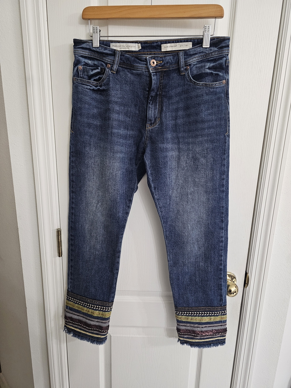 Anthropologie Dark Blue Cropped Jeans with Multicolor Embroidered Ankles